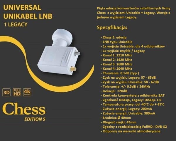 Konwerter satelitarny Chess Unicable LNB z danymi technicznymi.