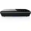 Black modem router with status lights on.