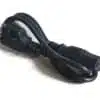 Black power cable with plug on white background.