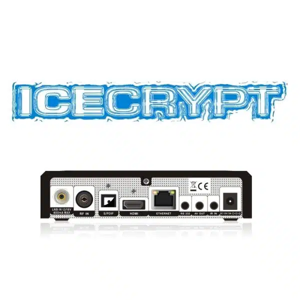 Logo "ICECRYPT" i panel tylny dekodera satelitarnego.