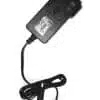 Black power plug adapter with cable on white background.