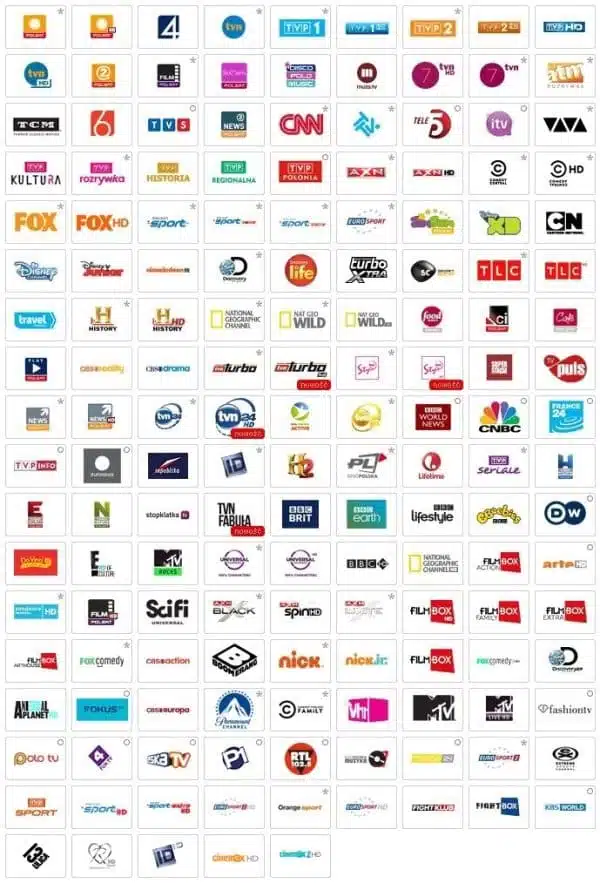 Kolekcja logotypów międzynarodowych kanałów telewizyjnych.