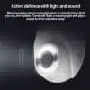 Outdoor security turret with light and sound defense.
