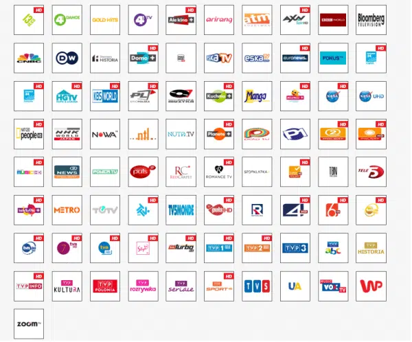 Siatka logotypów międzynarodowych stacji telewizyjnych HD.
